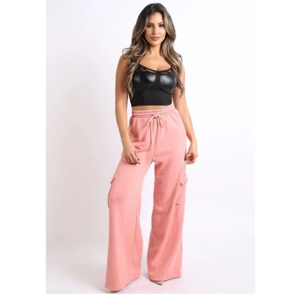 Pink Cargo Wide Leg Sweat Pants - Picture 2 of 4